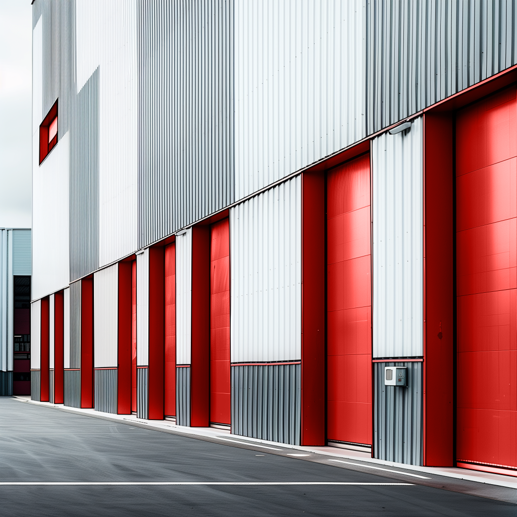 photo of front of last mile logistics distribution centre with various red shutters